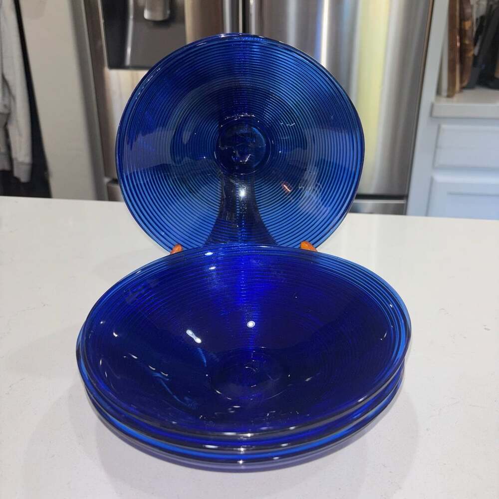 Cobalt Blue Glass Bowls Ribbed Cereal/Soup Set Of 4 Vintage 7.5” Spain
